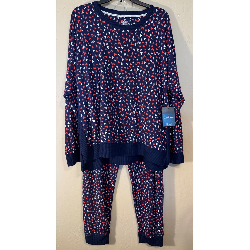 Cuddl Duds Pajama Set Women XXL Navy Blue Heart Print Soft‎ 2pc Loungewear NEW